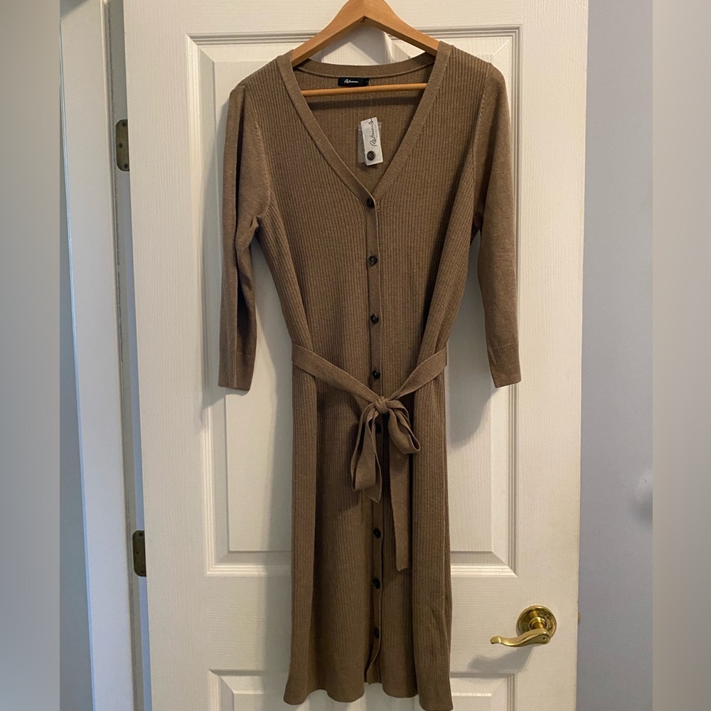NWT Reitmans Brown Ribbed Knit Button-Front Long Sleeve Dress - Office, Work - L